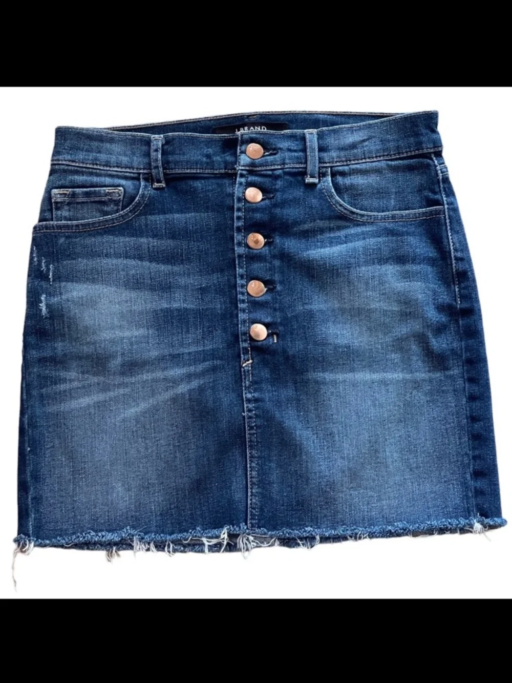 J Brand Rosalie Button Fly Denim Mini Skirt Sz 27 Blue Jean Raw Edge Distressed